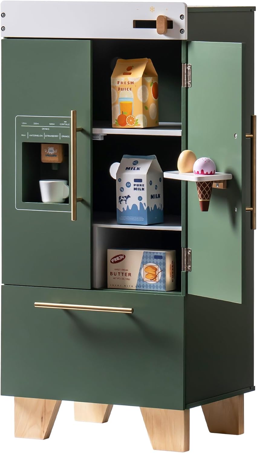 ROBOTIME Wooden Toy Fridge - Play Kitchen Set with Accessories, Kitchen Playset Interactive Refrigerator for Pretend Play Fridge for Kids, Toddler Kitchen Appliance (Vintage Green) - Image 9