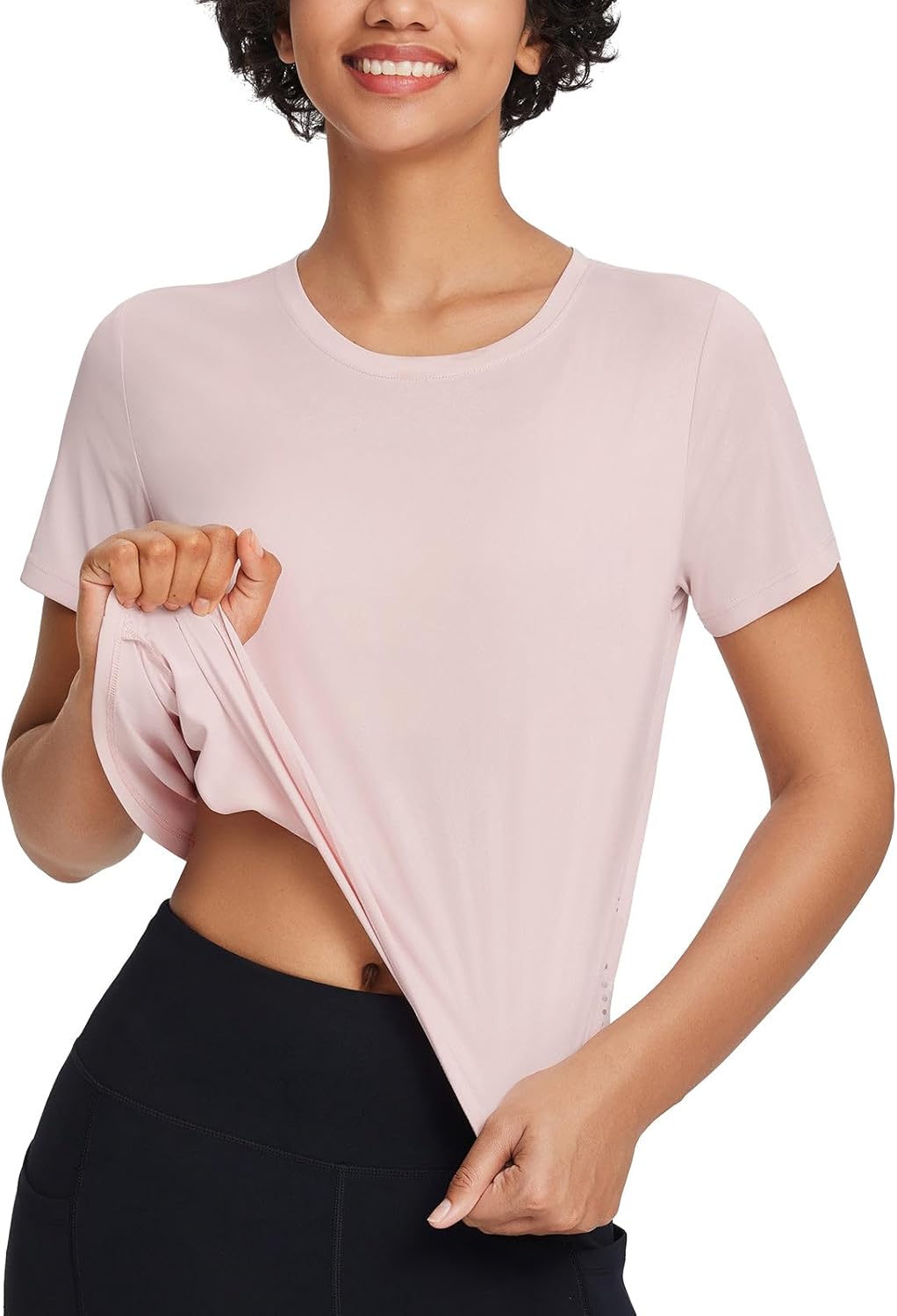 baleaf Women's Workout Tops Athletic Shirts Cropped Short Sleeve Split Back Running Gym Quick Dry Sun Protection UPF 50+ - Image 2