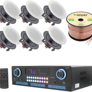 Home Theater System Kit 2000 Watts Bluetooth Amplifier with 6 Qty 6.5″ 200 Watts in-Wall in-Ceiling Frameless Speakers & 16 Gauge 250 ft. Speaker Wire by Technical Pro