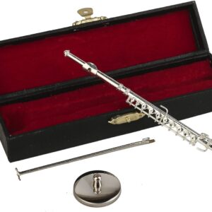 Miniature Flute with Stand and Case Brass Mini Musical Instrument Flute Replica Collectible Figurines Dollhouse Accessories Model Home Decoration Display Ornament (Silver, 5.39″)