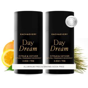 Each & Every Aluminum Free Deodorant for Women & Men, Citrus & Vetiver – All Natural Deodorant for Sensitive Skin, EWG Verified – Clean, Baking Soda-Free, Plant-Based Fragrance – 2.5oz, 2 Pack