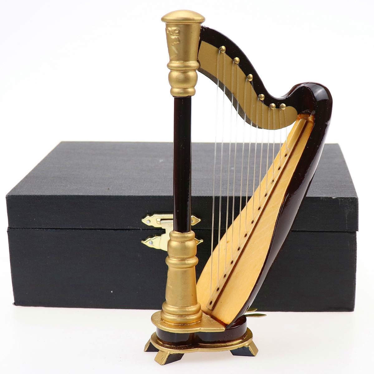 Wooden Miniature Harp with Case Mini Musical Instrument Harp Replica Collectible Figurines Dollhouse Accessories Model Home Decoration Display Ornament (5.51"x3.07"x1.69")
