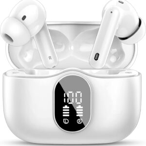 Wireless Earbuds, Bluetooth 5.4 Headphones Bass Stereo, Ear Buds with Noise Cancelling Mic, IP7 Waterproof in Ear Earphones, 36H LED Display Bluetooth Earbuds for Laptop Pad Phones Sports, White