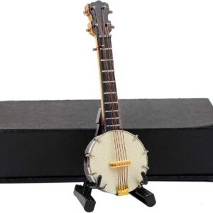 Wooden Miniature Banjo with Stand and Case Mini Musical Instrument Banjo Replica Collectible Figurines Dollhouse Accessories Model Home Decoration Display Ornament (3.94″x1.31″x0.55″)