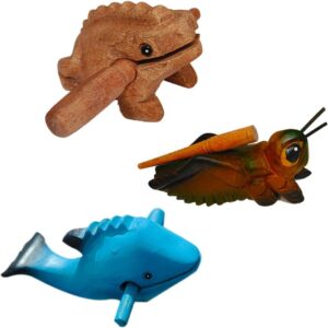 3Pcs Wooden Percussion Set,4” Natural Wood Guiro Rasp Frog, Cricket & Dolphin Musical Instruments – Artistic Craft & Unique Gift