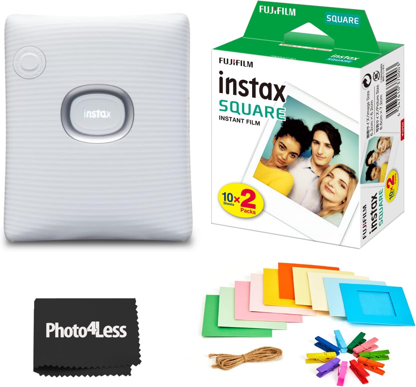 Fujifilm Instax Square Link Smartphone Printer - White - Fuji Instax Square Instant Film (20 Sheets) – Instax Link Printer Bundle (White)