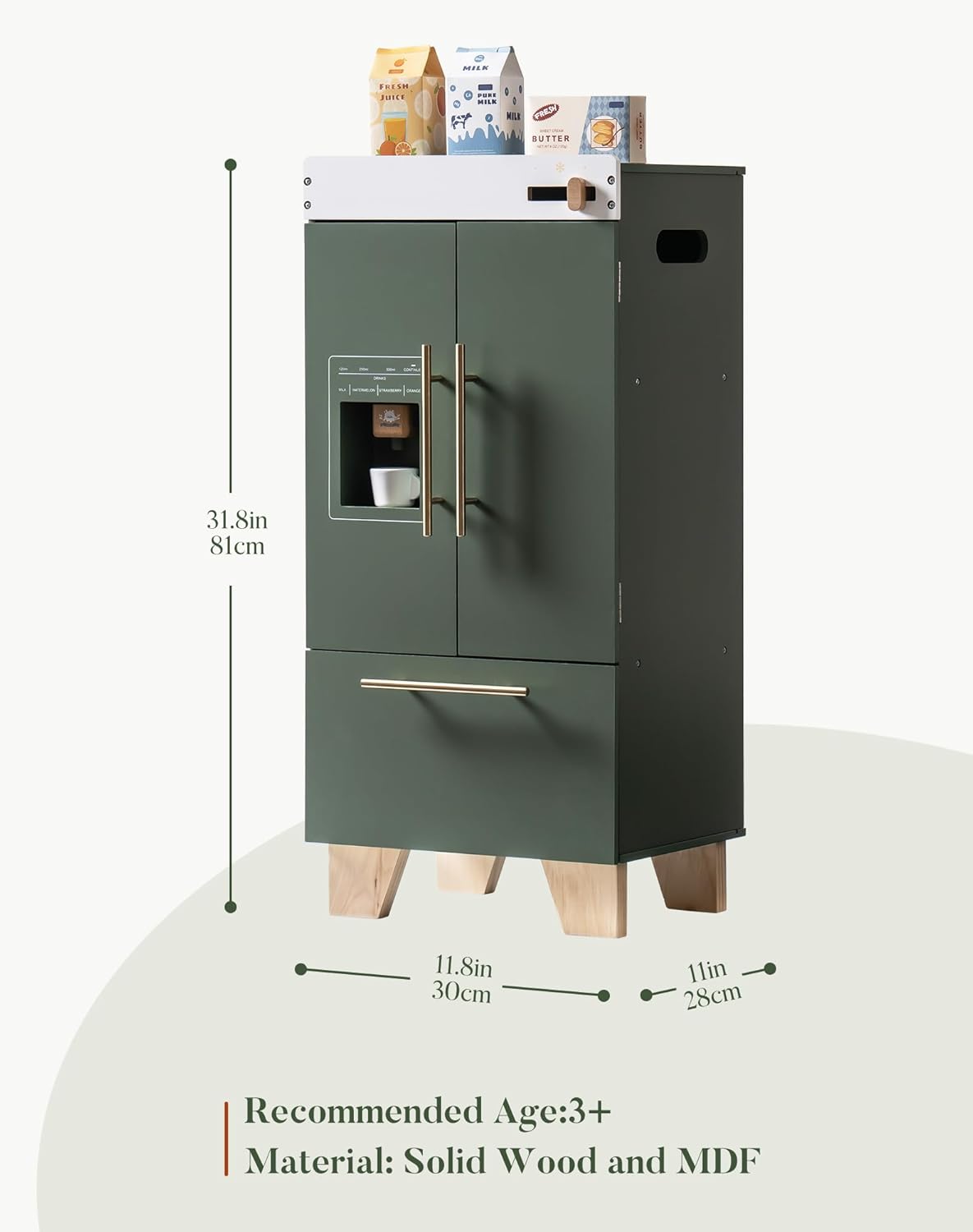 ROBOTIME Wooden Toy Fridge - Play Kitchen Set with Accessories, Kitchen Playset Interactive Refrigerator for Pretend Play Fridge for Kids, Toddler Kitchen Appliance (Vintage Green) - Image 4