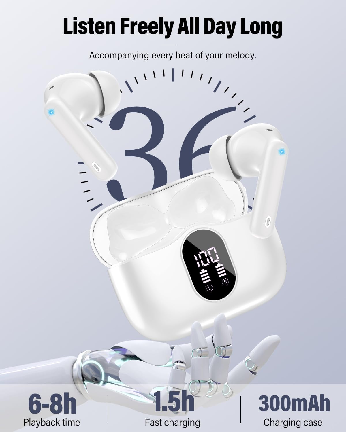 Wireless Earbuds, Bluetooth 5.4 Headphones Bass Stereo, Ear Buds with Noise Cancelling Mic, IP7 Waterproof in Ear Earphones, 36H LED Display Bluetooth Earbuds for Laptop Pad Phones Sports, White - Image 5