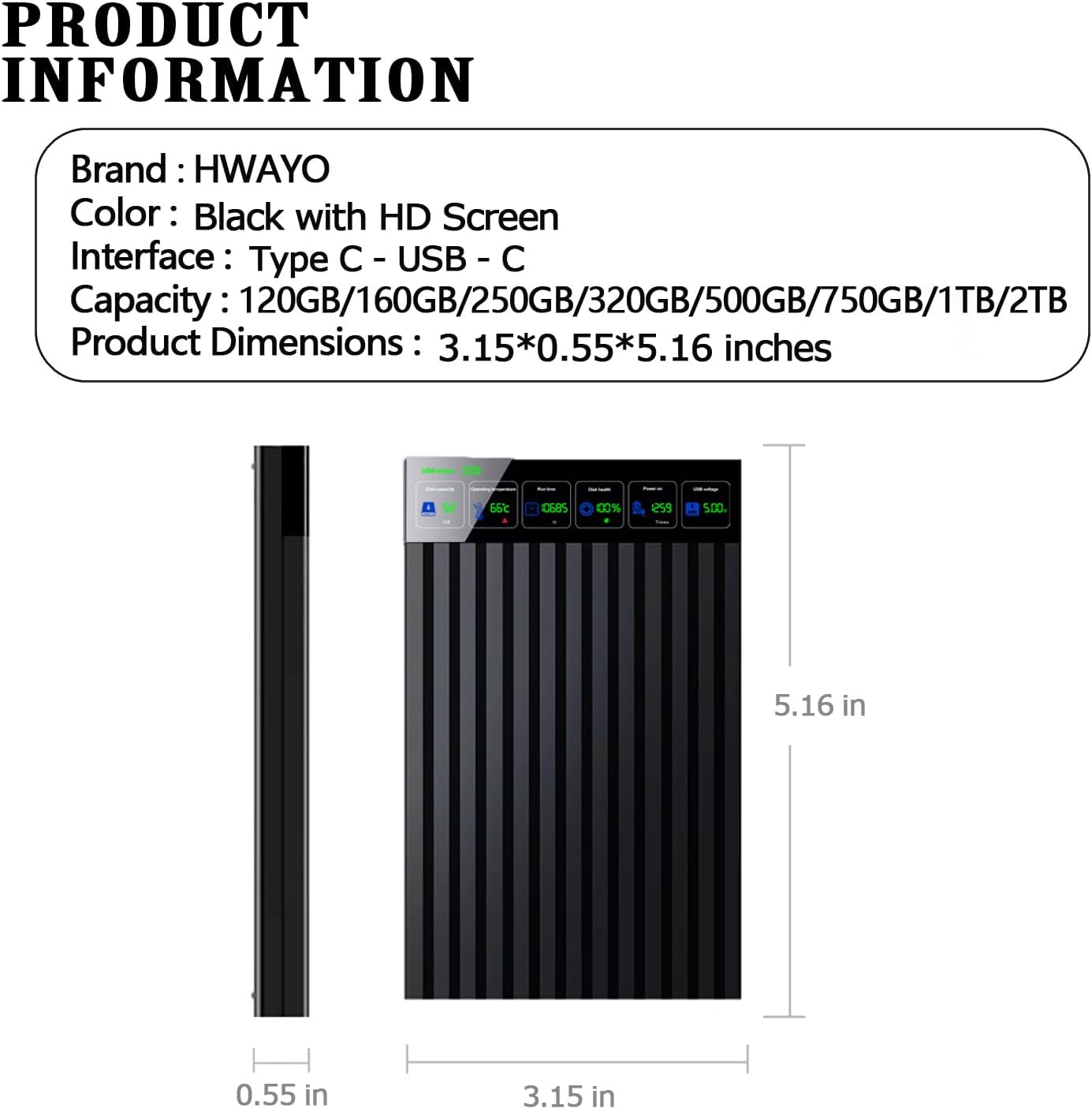 2.5'' 1TB Portable External Hard Drive with LCD Display HD Screen USB3.1/3.2 Type C HDD Storage for PC, Desktop, Laptop, Mac OS, Xbox One, PS4, PS5 - Image 3