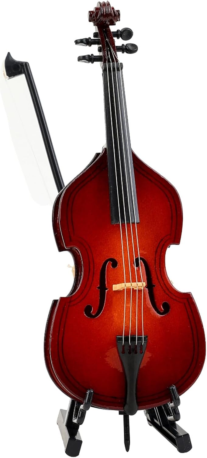 Wooden Miniature Double Bass with Stand, Bow and Case Mini Musical Instrument Contrabass Replica Collectible Figurines Upright Bass Model Home Decoration Display Ornament (5.67"x2.17"x1.14") - Image 6