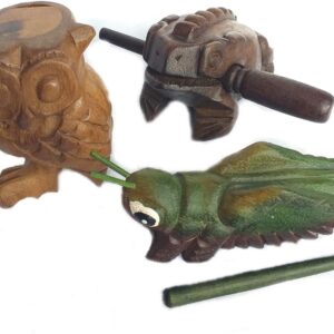 Wooden Percussion Frog, Cricket and Owl Set 3 Musical Instrument Products From Thailand Home Office Decoration Nice Gift (Small)