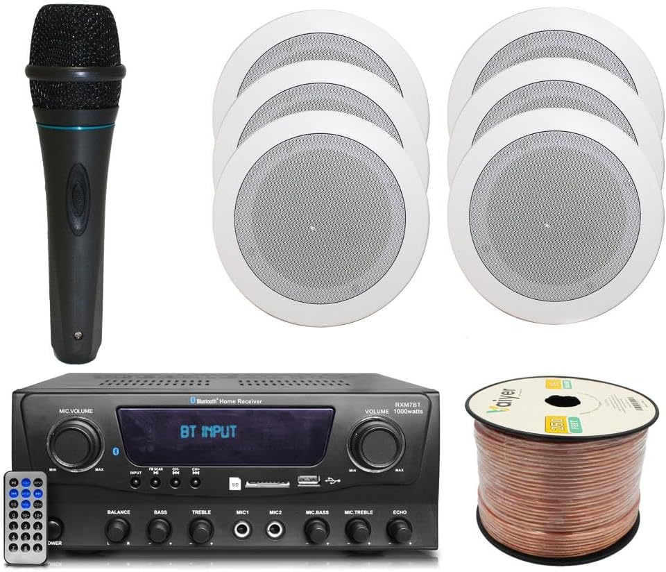 Home Theater System Kit 1000 Watts Bluetooth Receiver w/ 6 Qty 5.25" 175 Watts Each in-Wall in-Ceiling Speakers & 16 Gauge 250 ft. Speaker Wire Portable Microphone w/Remote Control by Technical Pro