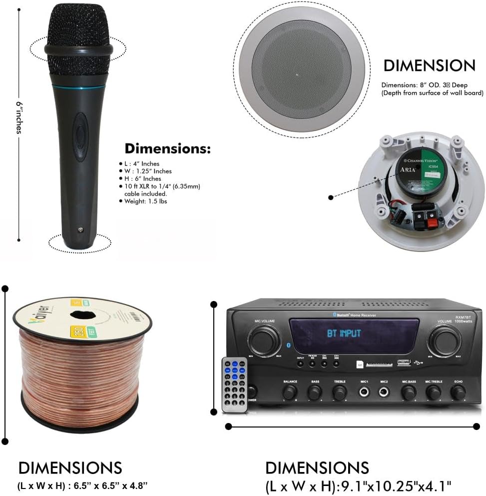 Home Theater System Kit 1000 Watts Bluetooth Receiver w/ 6 Qty 5.25" 175 Watts Each in-Wall in-Ceiling Speakers & 16 Gauge 250 ft. Speaker Wire Portable Microphone w/Remote Control by Technical Pro - Image 2