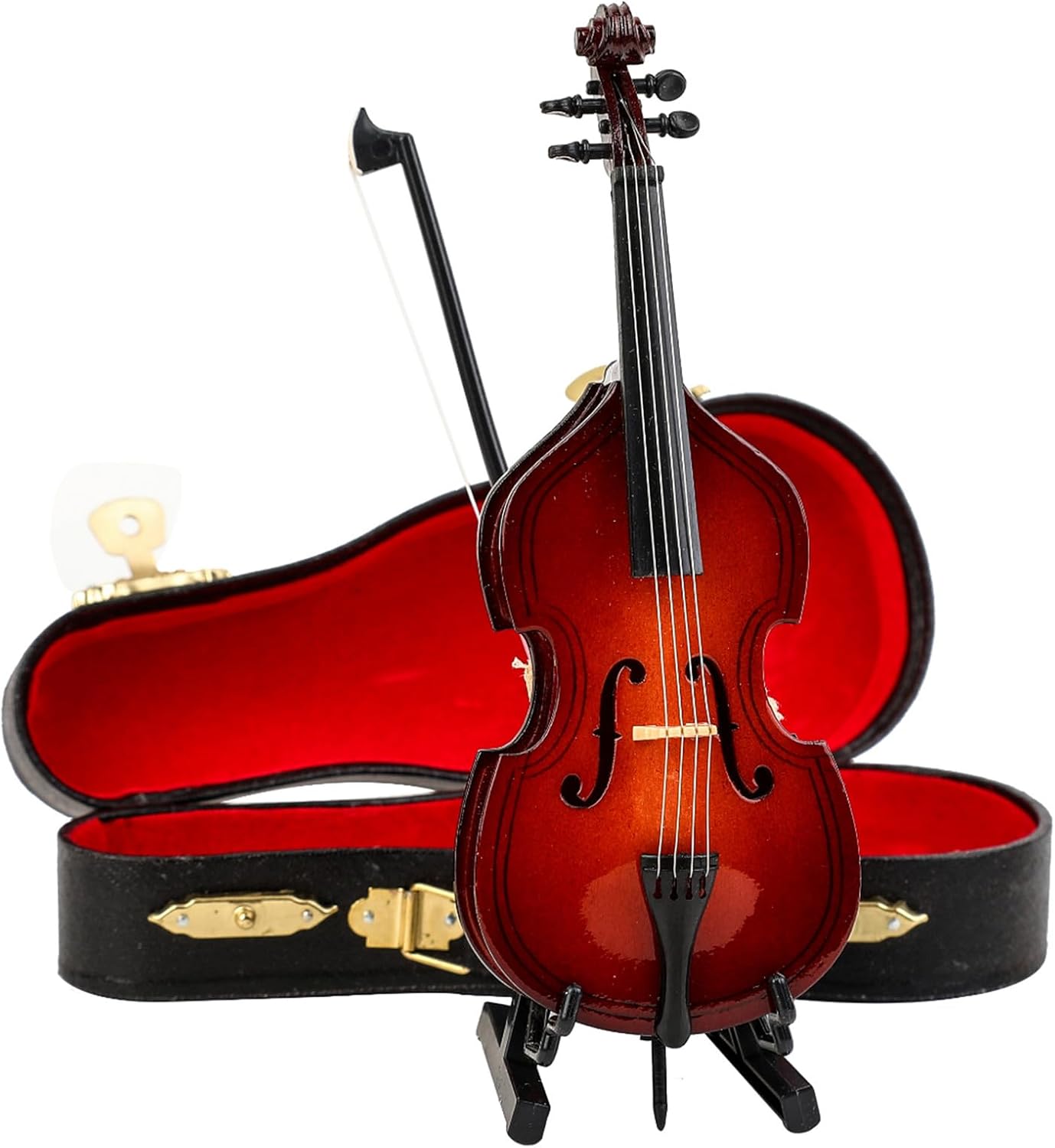 Wooden Miniature Double Bass with Stand, Bow and Case Mini Musical Instrument Contrabass Replica Collectible Figurines Upright Bass Model Home Decoration Display Ornament (5.67"x2.17"x1.14") - Image 4