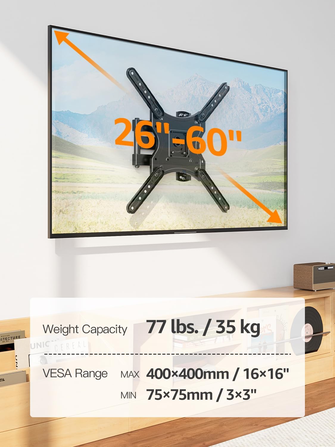 ELIVED Full Motion TV Wall Mount for Most 26-60 Inch TVs, Articulating Arms Swivel and Tilt tv Mount, Wall Mount Brackets Max VESA 400x400, Single Stud Perfect Center Design, Holds Up to 77 lbs. - Image 6