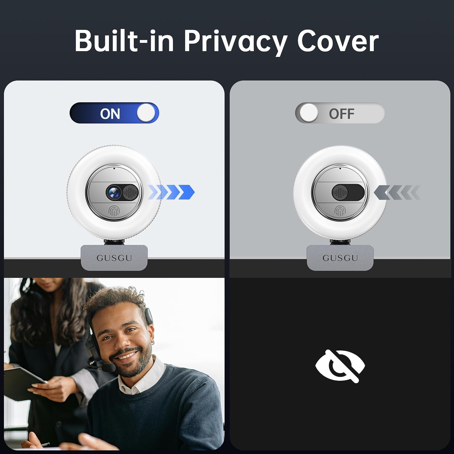 GUSGU G910 2K Quad HD Webcam for PC, with Microphone & Light & Privacy Cover, Web Camera for Desktop Computer/Laptop/MacBook, USB Streaming Camera - Image 4