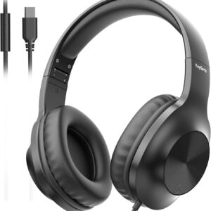 2025 Upgraded USB Type C Wired Headphones, Over-Ear Headphones with Microphone and Volume Control Foldable Corded Stereo for Smartphone Tablet(Black)