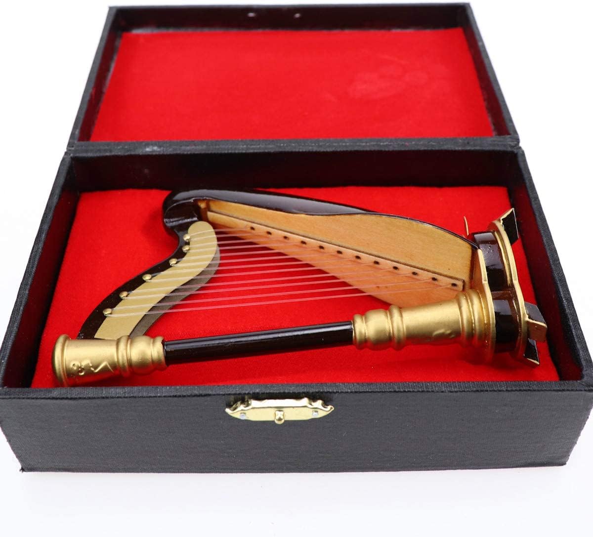 Wooden Miniature Harp with Case Mini Musical Instrument Harp Replica Collectible Figurines Dollhouse Accessories Model Home Decoration Display Ornament (5.51"x3.07"x1.69") - Image 3