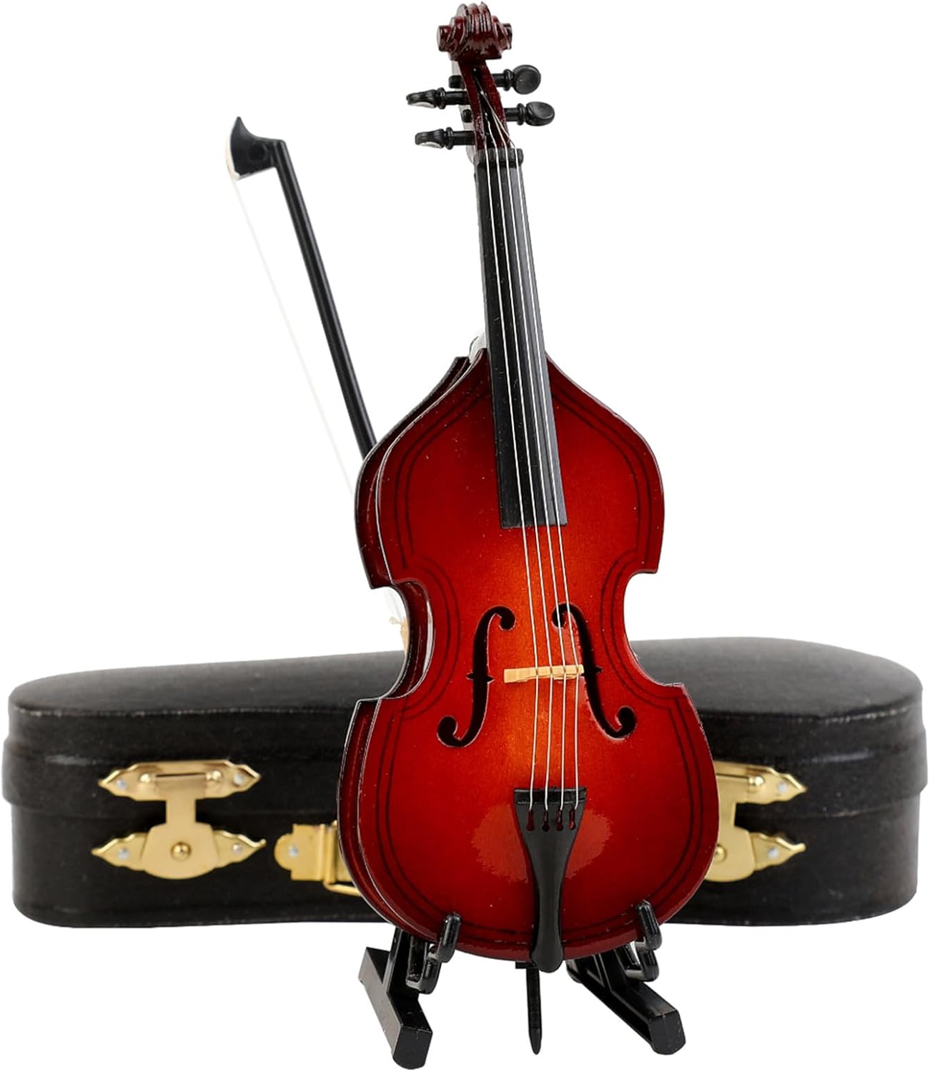 Wooden Miniature Double Bass with Stand, Bow and Case Mini Musical Instrument Contrabass Replica Collectible Figurines Upright Bass Model Home Decoration Display Ornament (5.67"x2.17"x1.14")