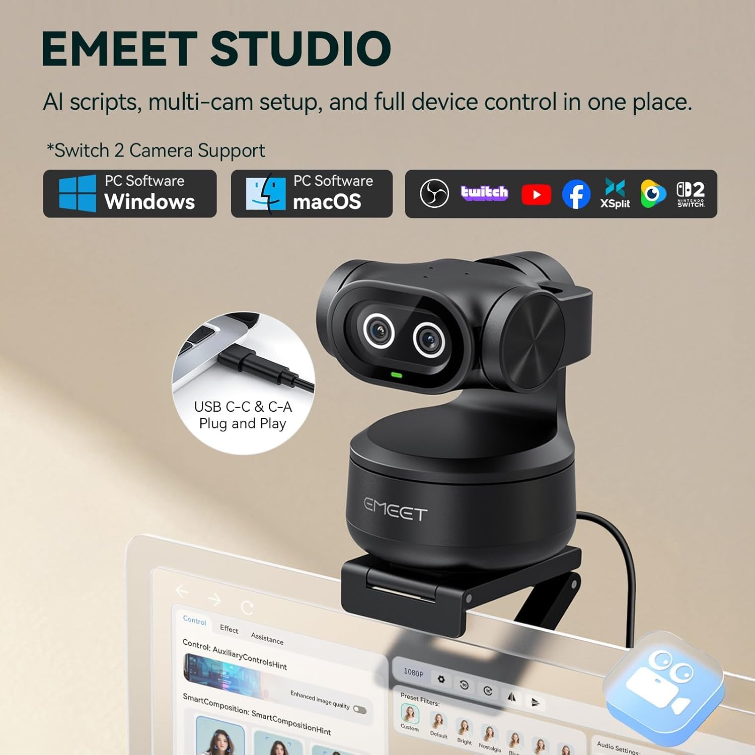 EMEET PIXY Dual-Camera AI-Powered PTZ Camera 4K, AI Tracking, PDAF&AI Autofocus 0.2s, 1/2.55'' Sony Sensor, 3 Mics, Presets, Gesture Control, 4K Webcam for Streaming and OBS/Twitch/Switch 2 Compatible - Image 7