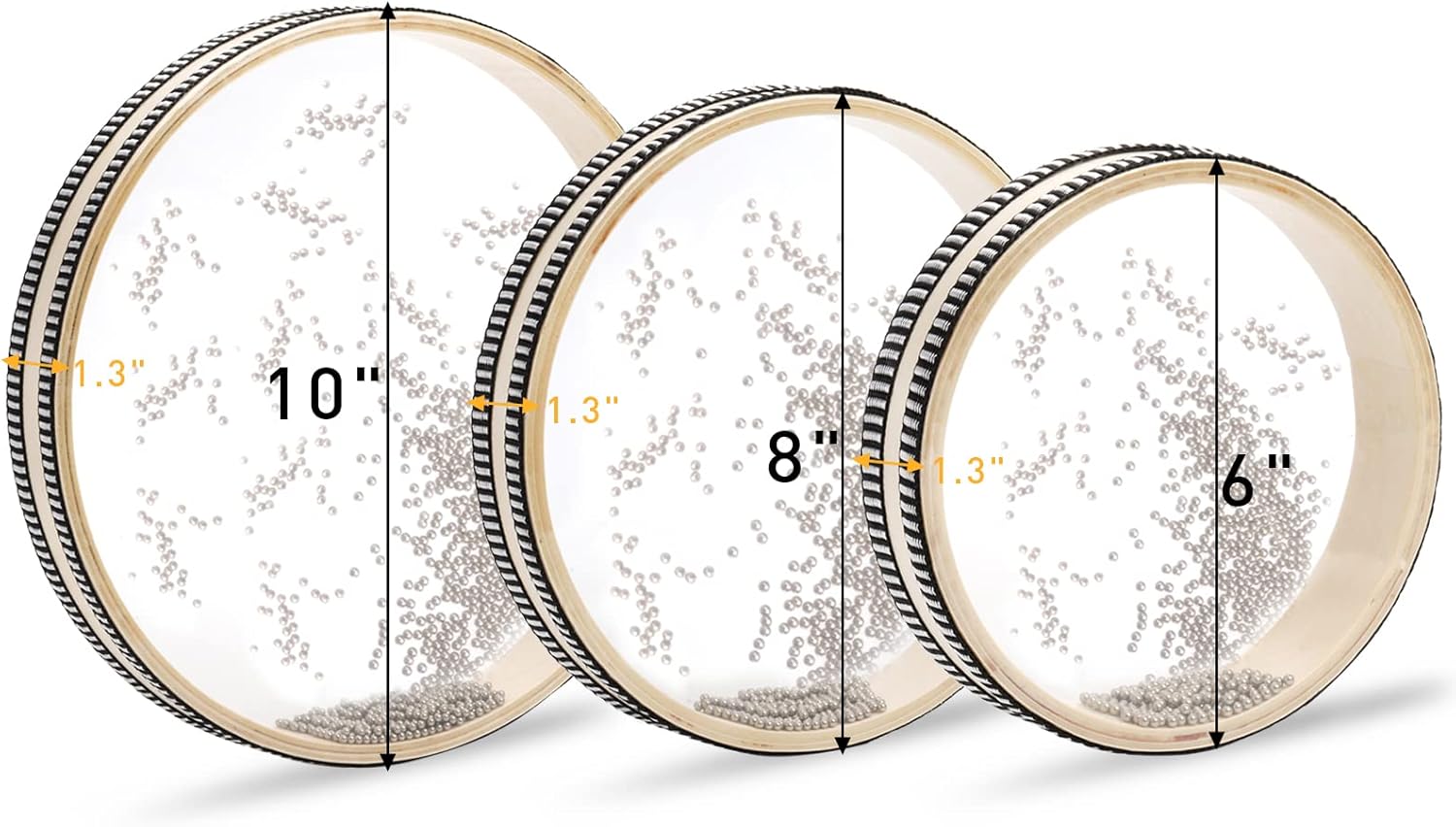 Fasmov 3 Pieces Wave Bead Sea Drum, Wave Sound Drum with Hardwood Shell Musical Instrument Percussion for Home School Supplies, 6 Inch, 8 Inch, 10 Inch - Image 2