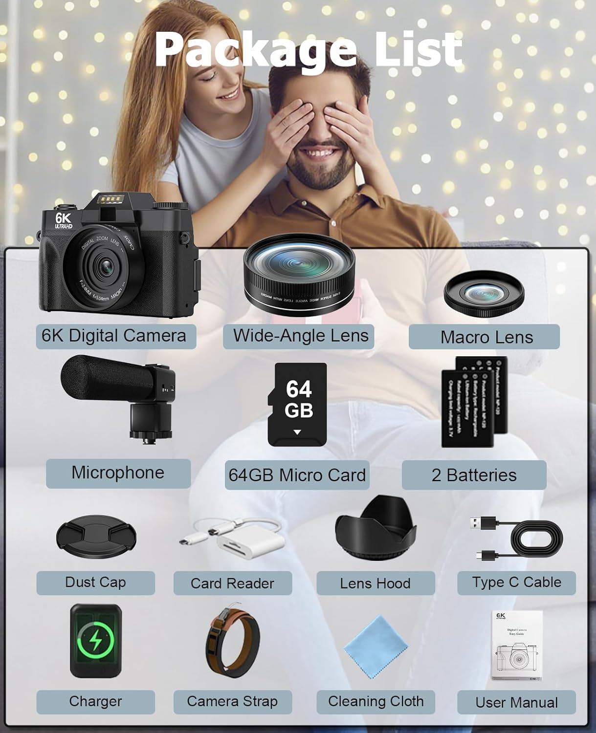 FLATIC Cameras for Photography, 6K 64MP Digital Camera with WiFi & Microphone for Youtuber, 16X Zoom Vlogging Camera with 180°Flip Screen, 64GB Card, 2 Batteries, Macro & Wide-Angle Lens, Card Reader - Image 9