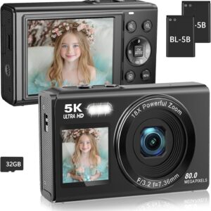 Dual Screen 5K Digital Camera for Vlogging with Fill Light – 80MP, 16X Zoom, WiFi, YouTube/Blogging, Includes 32GB Card & 2 Batteries (X9-Black)