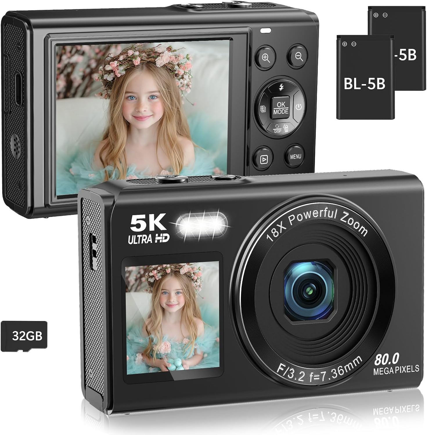 Dual Screen 5K Digital Camera for Vlogging with Fill Light - 80MP, 16X Zoom, WiFi, YouTube/Blogging, Includes 32GB Card & 2 Batteries (X9-Black)