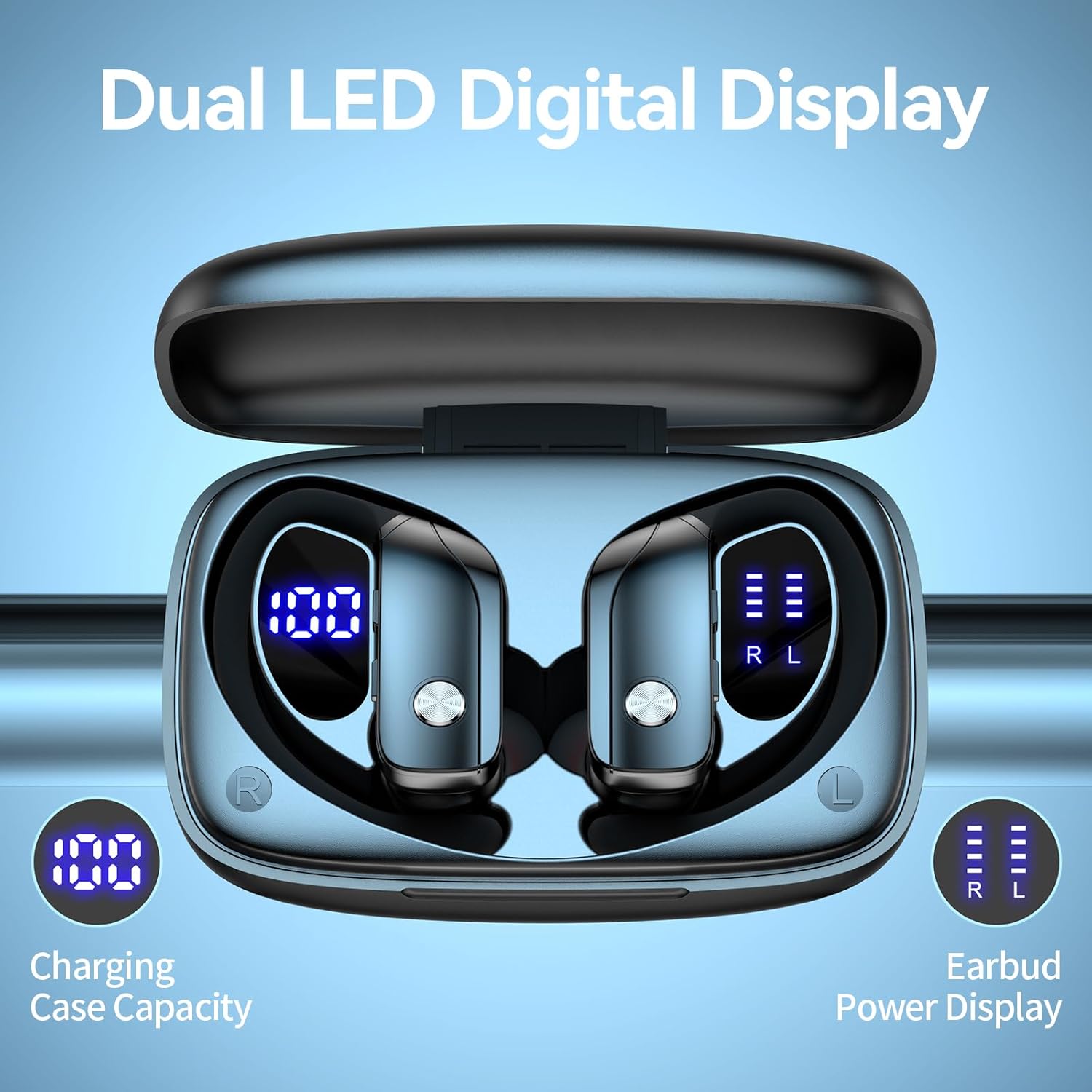 bmani Ear Buds Wireless Earbuds Bluetooth Headphones with 80H Playtime LED Display Case, Over-Ear Hook with Mic, Stereo Sound, Easy Button Controls, Sports Earphones for Running Workout Gym Black - Image 3