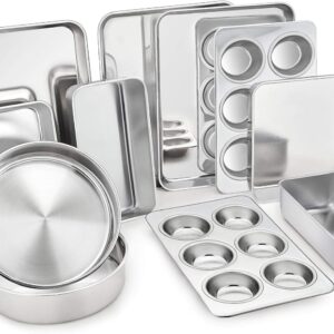 TeamFar Stainless Steel Bakeware Set of 11, Toaster Oven Baking Pan Set, Lasagna Pan, Square & Round Cake Pan, Loaf Pan & Muffin Pan, Healthy & Heavy Duty, Dishwasher Safe & Smooth