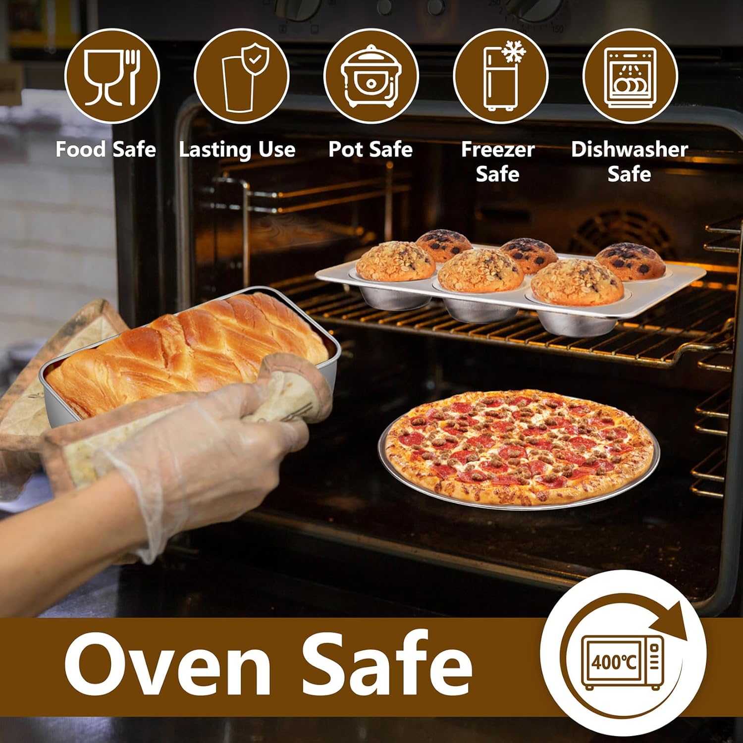 P&P CHEF Stainless Steel Bakeware Set, 12-Piece Kitchen Baking Pans Set, Baking Sheet with Rack, Square Cake Pan with Lid, Lasagna Pan, Loaf Pan, Muffin Pan, Pizza Tray & 2 Covers, Easily Clean - Image 7