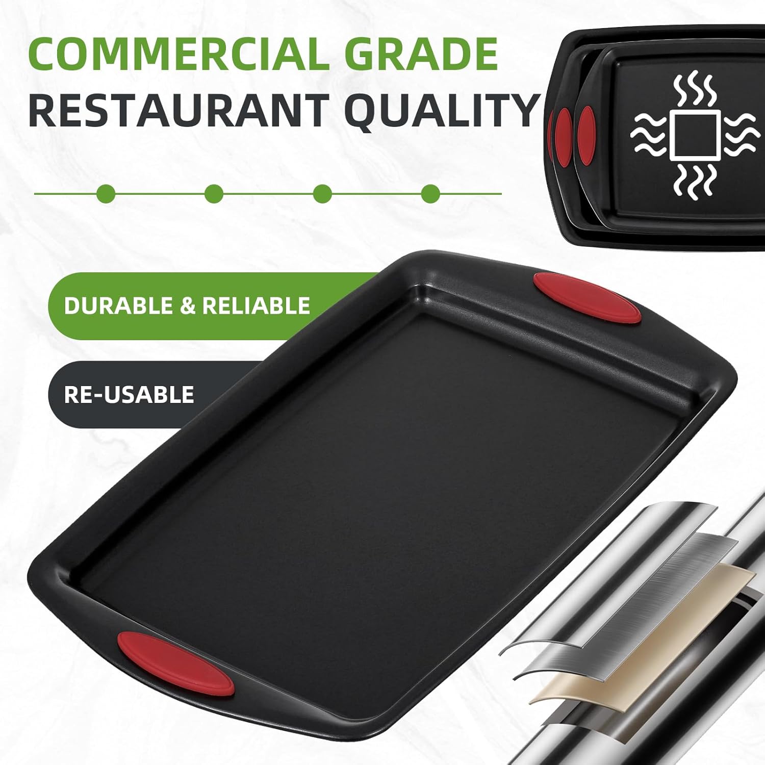 5-Piece Nonstick Baking Pans Set - Premium Carbon Steel Bakeware with PFOA/PFOS/PTFE-Free Coating, Red Silicone Handles (Black Red) - Image 4