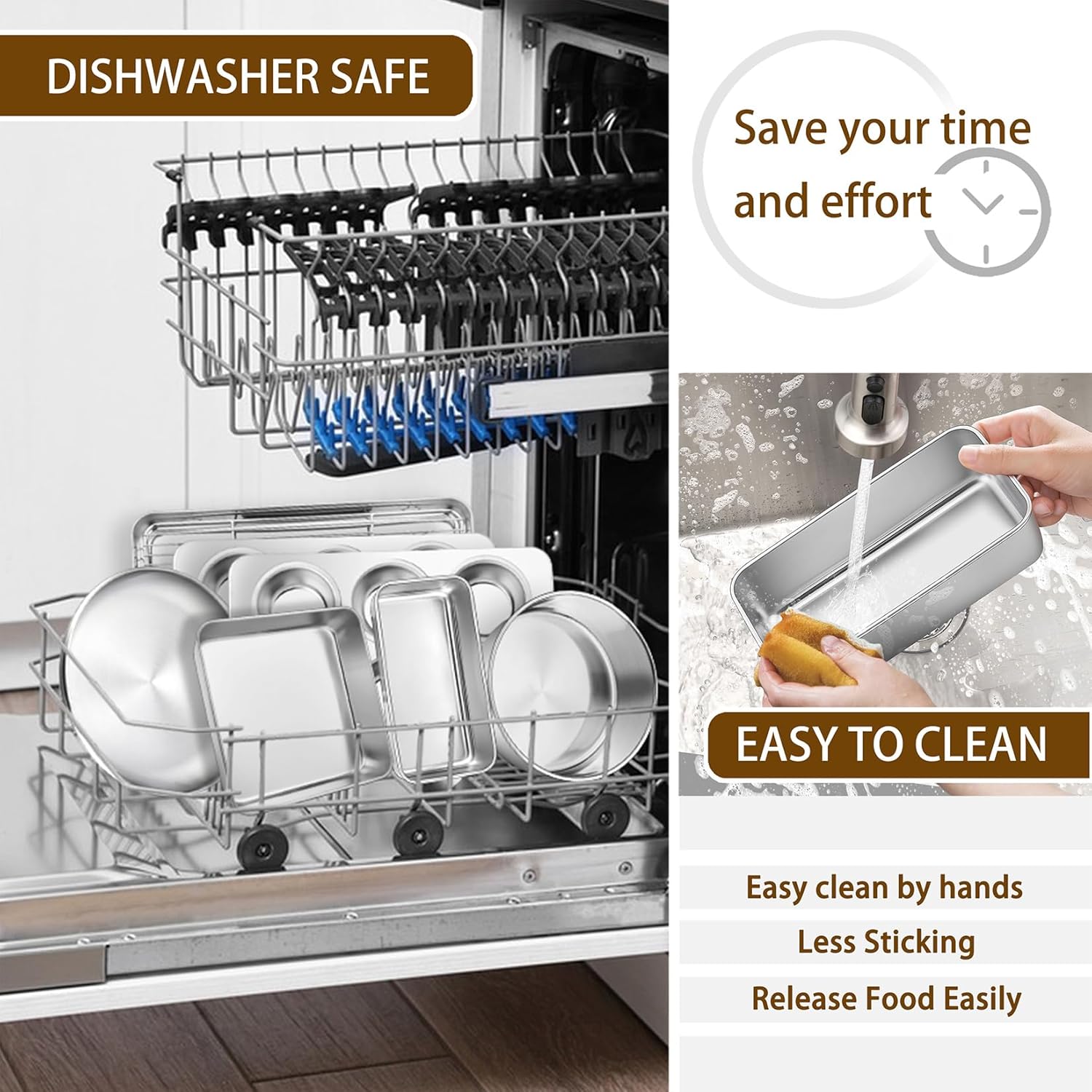 P&P CHEF Stainless Steel Bakeware Set, 12-Piece Kitchen Baking Pans Set, Baking Sheet with Rack, Square Cake Pan with Lid, Lasagna Pan, Loaf Pan, Muffin Pan, Pizza Tray & 2 Covers, Easily Clean - Image 6