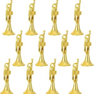 NUOBESTY 12pcs Golden Trumpet Musical Instruments Mini Plastic Trumpet Models for Christmas Tree Wreath Home Party DIY Hanging Decorations
