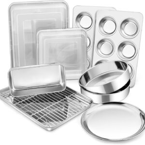 P&P CHEF Stainless Steel Bakeware Set, 12-Piece Kitchen Baking Pans Set, Baking Sheet with Rack, Square Cake Pan with Lid, Lasagna Pan, Loaf Pan, Muffin Pan, Pizza Tray & 2 Covers, Easily Clean