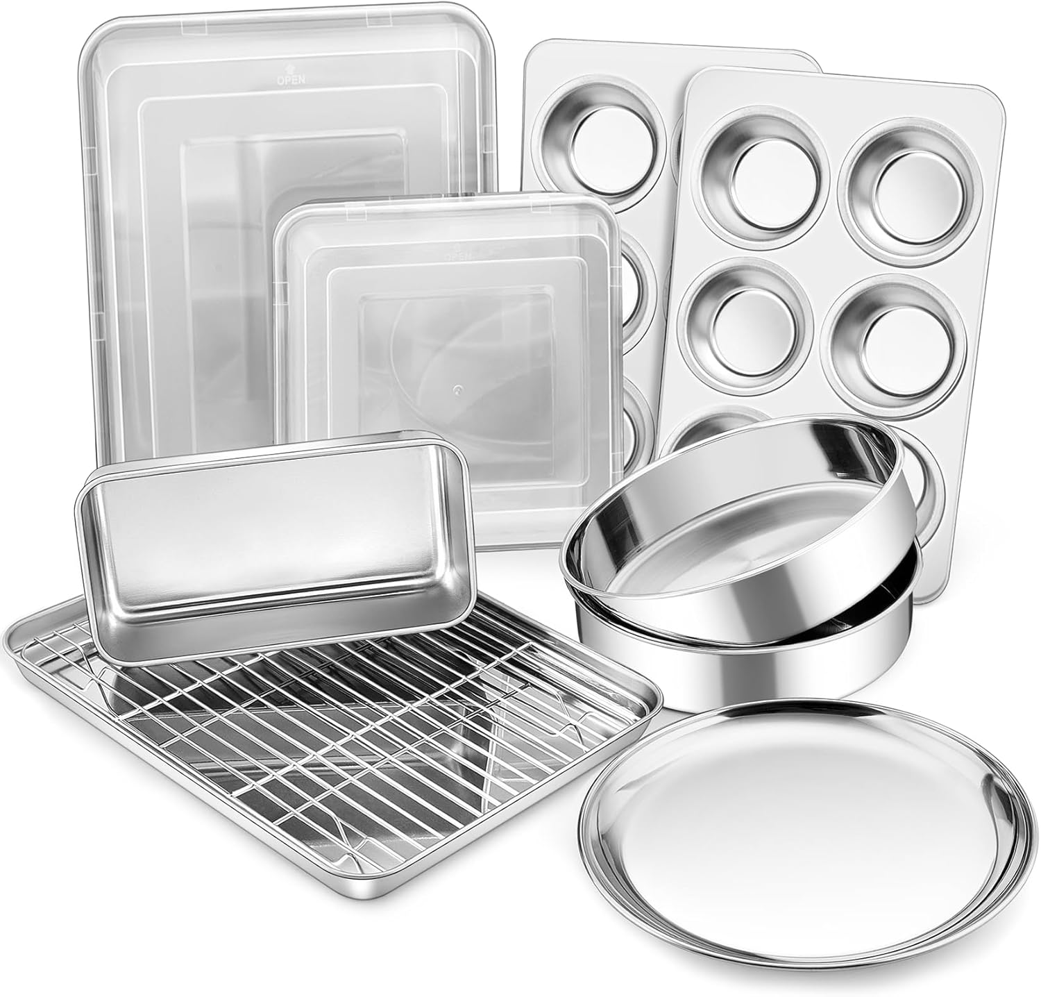 P&P CHEF Stainless Steel Bakeware Set, 12-Piece Kitchen Baking Pans Set, Baking Sheet with Rack, Square Cake Pan with Lid, Lasagna Pan, Loaf Pan, Muffin Pan, Pizza Tray & 2 Covers, Easily Clean