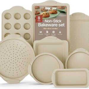 Deluxe 8-Piece Carbon Steel Bakeware Set – Nonstick White Marble Coating, Silicone Handles – Professional Quality Kitchen Oven Baking Pans