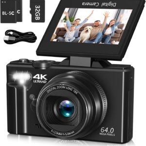 4K Digital Camera for Photography and Vlogging, YouTube Camera with 3″ 180° Flip Screen, Autofocus, WiFi, 18X Zoom, Flash, 2 Batteries & 32GB SD Card