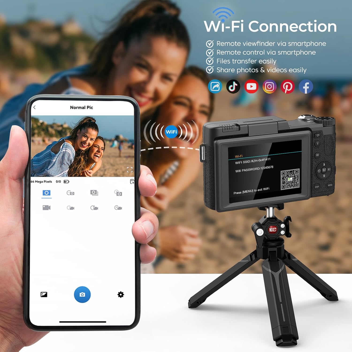 5K Digital Camera for Photography with WiFi 64MP Vlogging Camera with Flip Screen Compact Digital Cameras with Batteries, Selfie Light, Desktop Tripod - Image 3