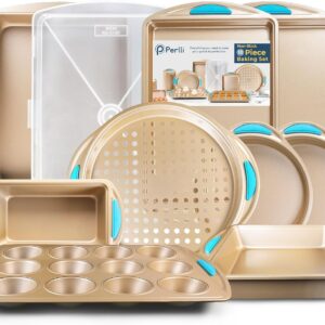 Perlli Baking Kit: Nonstick Gold Steel Oven Set – 10 Pieces, Cookie Sheets, Cake Pans, 9x13Pan with Lid, Loaf & Deep Pans, Pizza Crisper, Muffin Pan – Silicone Handles