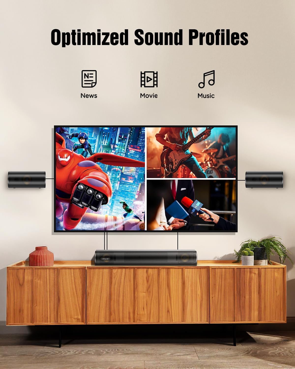 Hiwill 4.1ch Sound Bar with Dolby Atmos, 300W Sound Bar for Smart TV with Subwoofer, 2 Front Surround Speakers, Soundbar for TV Speaker, Adjustable Bass, Surround Sound System for TV, HiElite A41 - Image 8