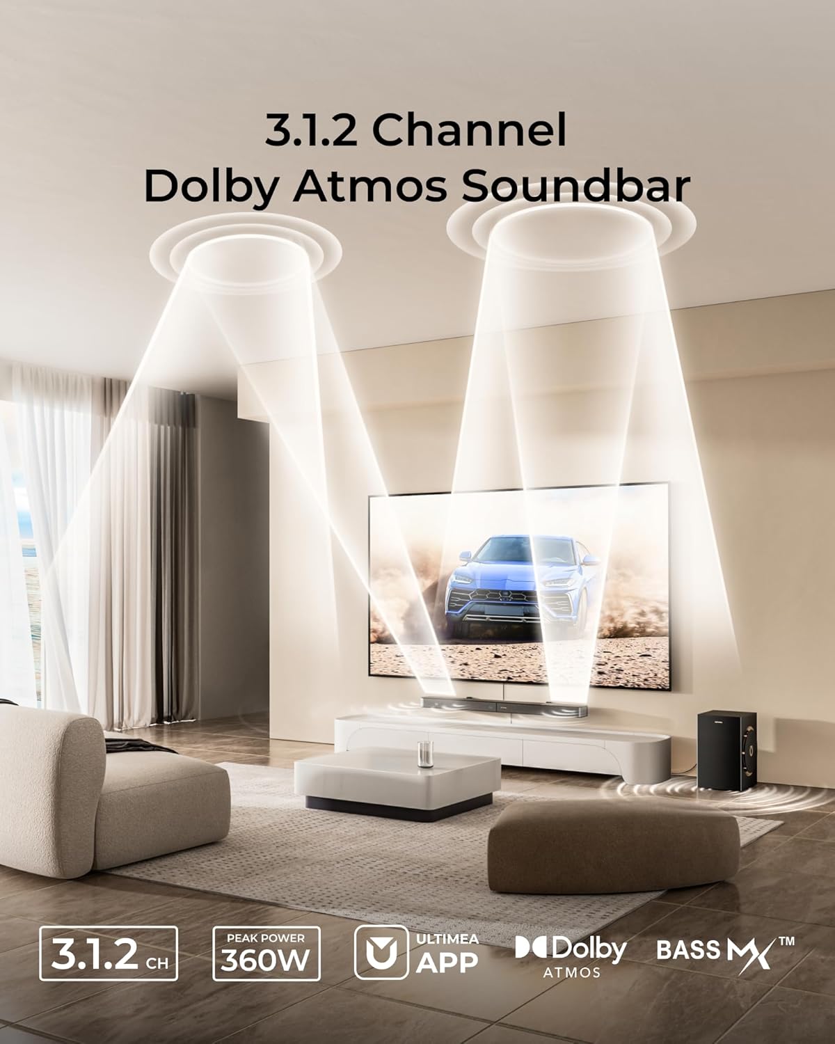 ULTIMEA 3.1.2ch Sound Bar with Dolby Atmos, Surround Sound System for TV with 6.5 inch Subwoofer, Sound Bar for Smart TV, Soundbar with Subwoofer for Home Theater, BT 5.4, HDMI eARC, Skywave F30 Boom - Image 2