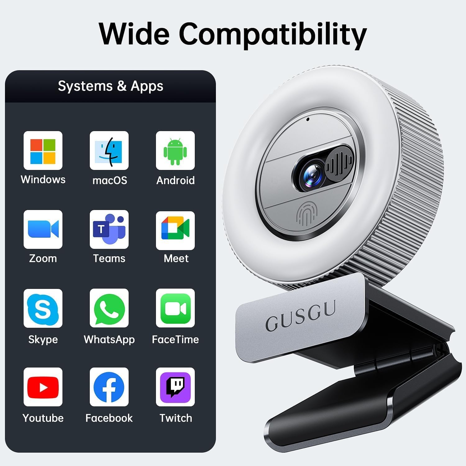 GUSGU G910 2K Quad HD Webcam for PC, with Microphone & Light & Privacy Cover, Web Camera for Desktop Computer/Laptop/MacBook, USB Streaming Camera - Image 6