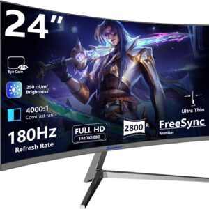 24 Inch Curved Gaming Monitor 180hz Full HD 1080P Frameless AMD FreeSync Eye Care DisplayPort HDMI Wall Mountable 250cd/m² Brightness 99% sRGB AMD FreeSync Flicker-Free Blue Light Filter
