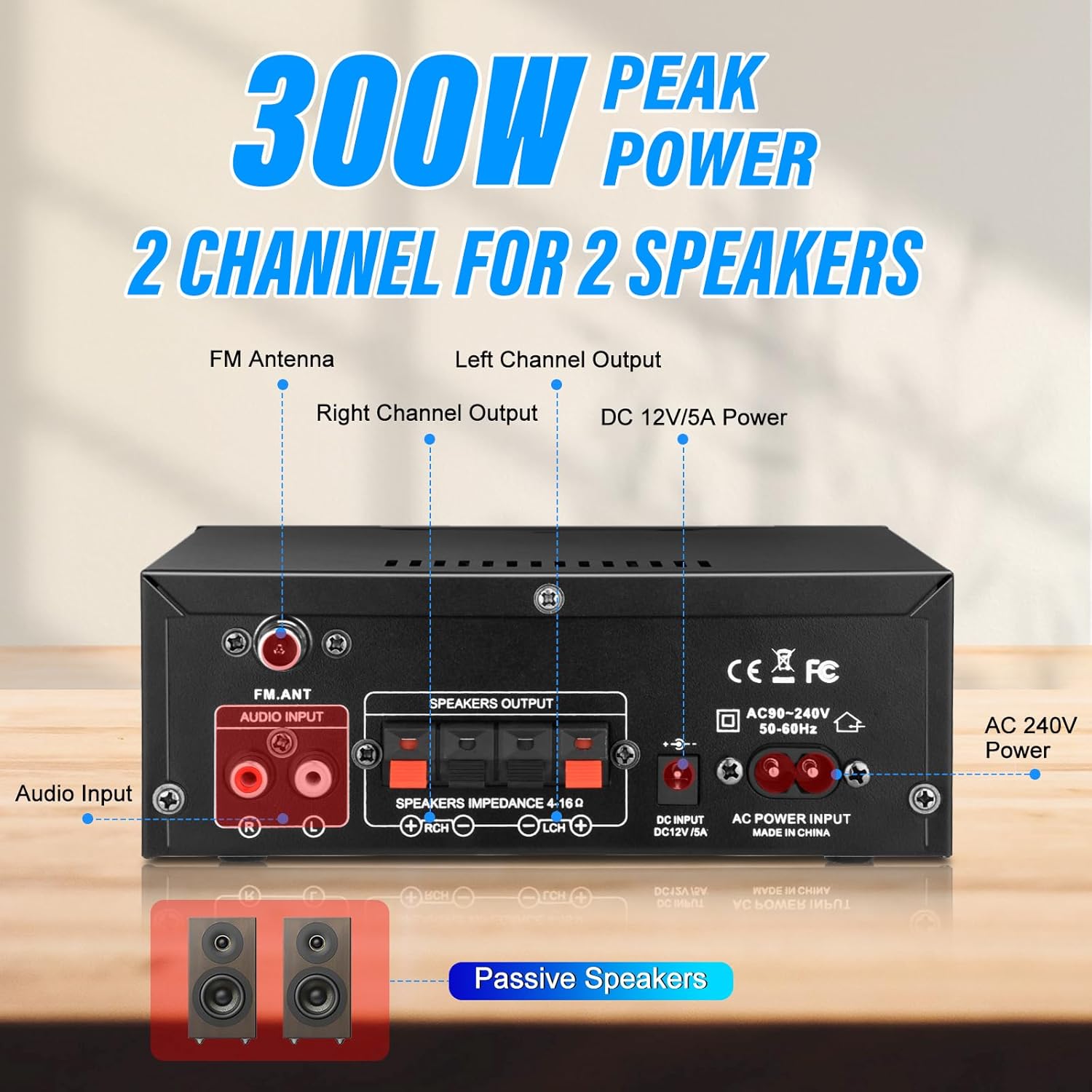 AK45 Stereo Audio Amplifier,300W Home 2 Channel Wireless Bluetooth 5.0 Power Amplifier System, Home Amplifiers FM Radio, USB, SD Card, with Remote Control Home Theater Audio Stereo System - Image 3