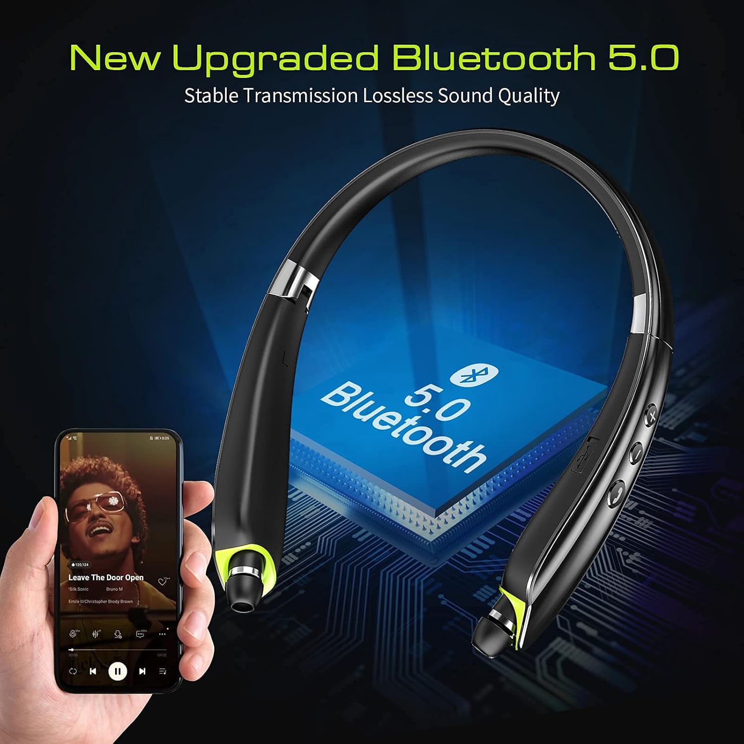 Bluetooth Headset, 2025 Upgraded Neckband Bluetooth Headphones with Retractable Earbuds, Noise Cancelling Stereo Earphones with Mic, Foldable Wireless Headphones for Sports Office with Carry Case - Image 4