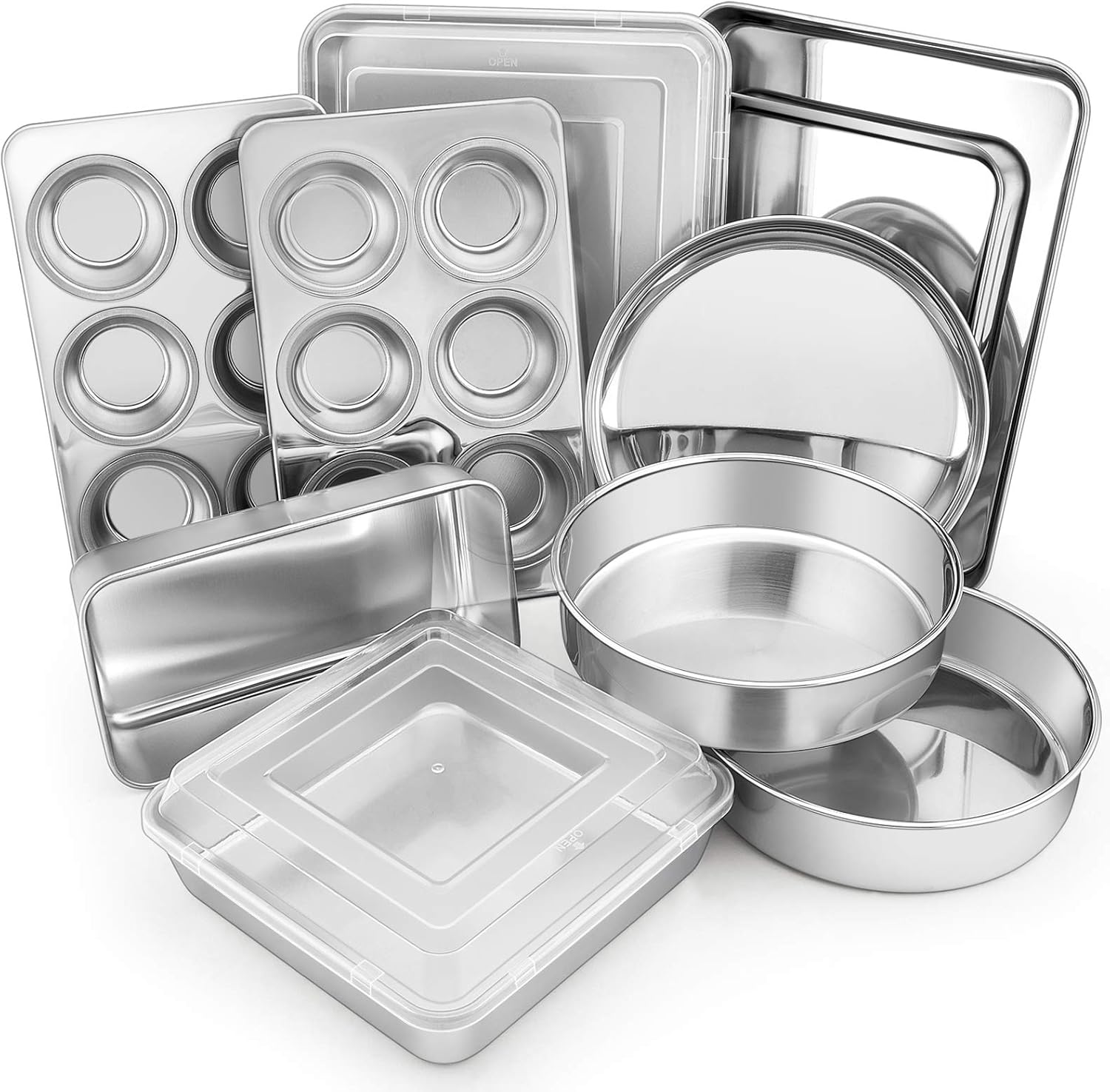 E-far 12-Piece Stainless Steel Bakeware Sets, Metal Baking Pan Set Include Round Cake Pans, Square/Rectangle Baking Pans with Lids, Cookie Sheet, Loaf/Muffin/Pizza Pan, Non-toxic & Dishwasher Safe