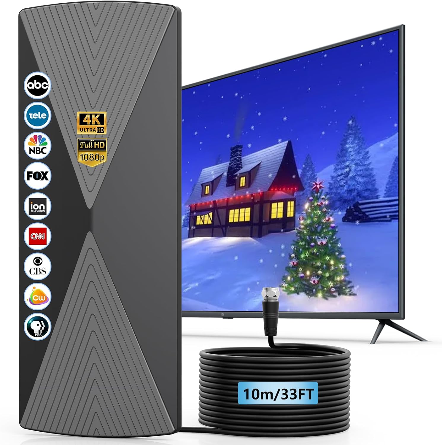 2025 TV Antenna,1200+ Miles Long Range TV Antenna, HD Digital TV Antenna Indoor with Signal Booster, Antenna for Smart TV and All Older TV's-Supports 4K 1080p -33ft Long Cables