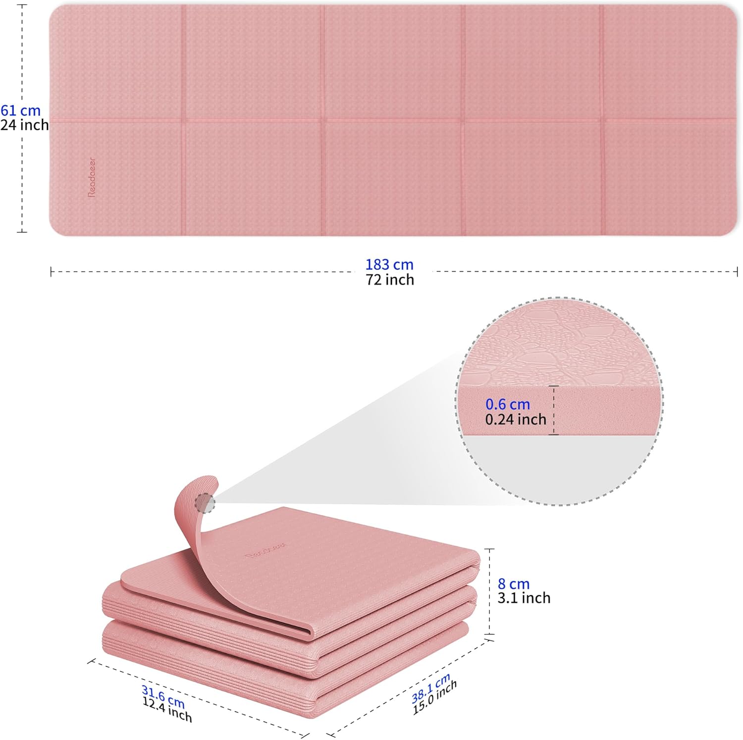 Readaeer Foldable Yoga Mat for Travel Folding Yoga Mat 6mm Thick with Carrying Bag, Non-Slip TPE Exercise Pilates Mat for 72" L x 24" W x 0.24 Inch - Image 2