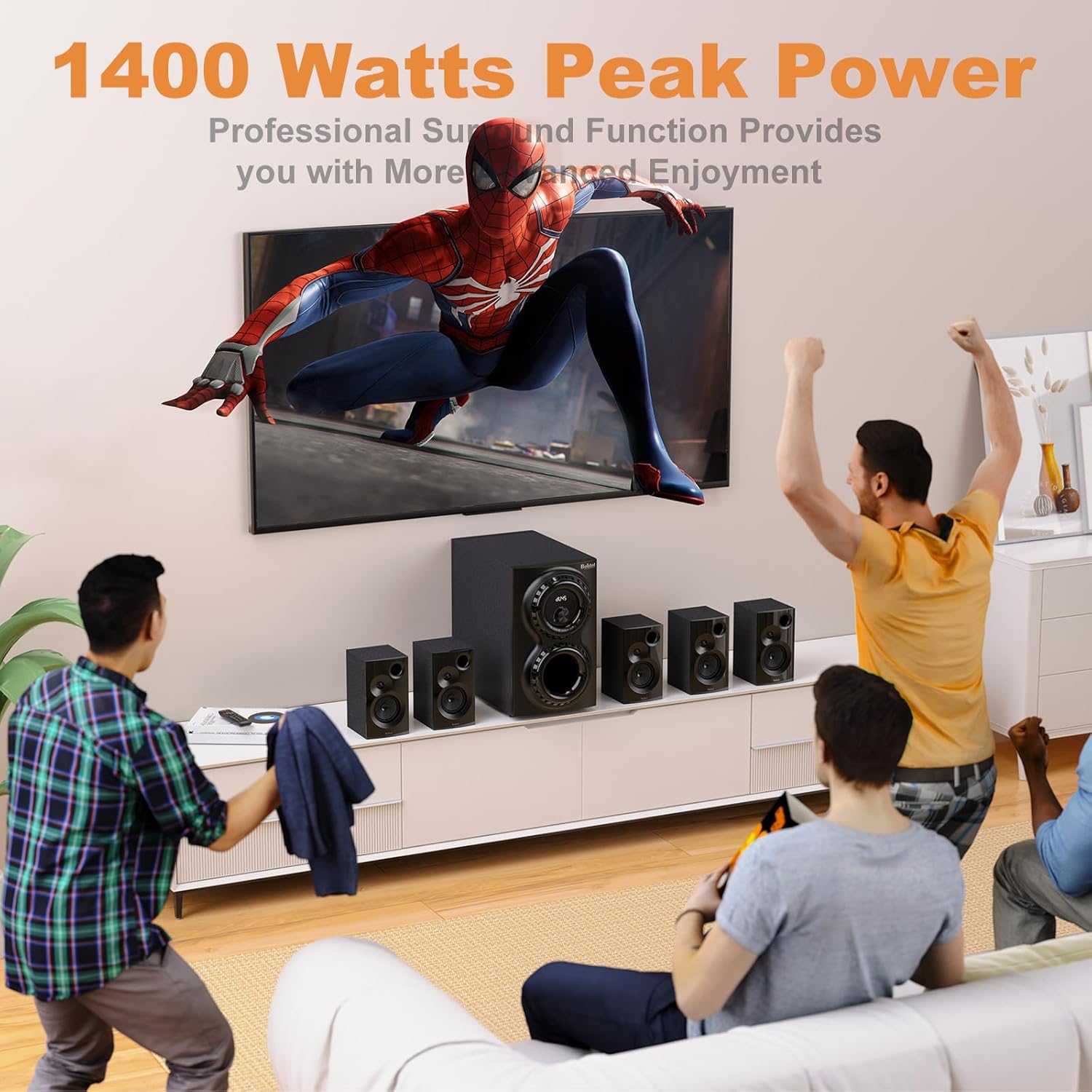 Home Theater Sound System 5.1 Surround Sound Systems - 1400 Watts Peak Power 12" Subwoofer Strong Bass 5.1 Wired Home Audio Stereo Sound with Bluetooth HDMI ARC Optical Input for TV - Image 3